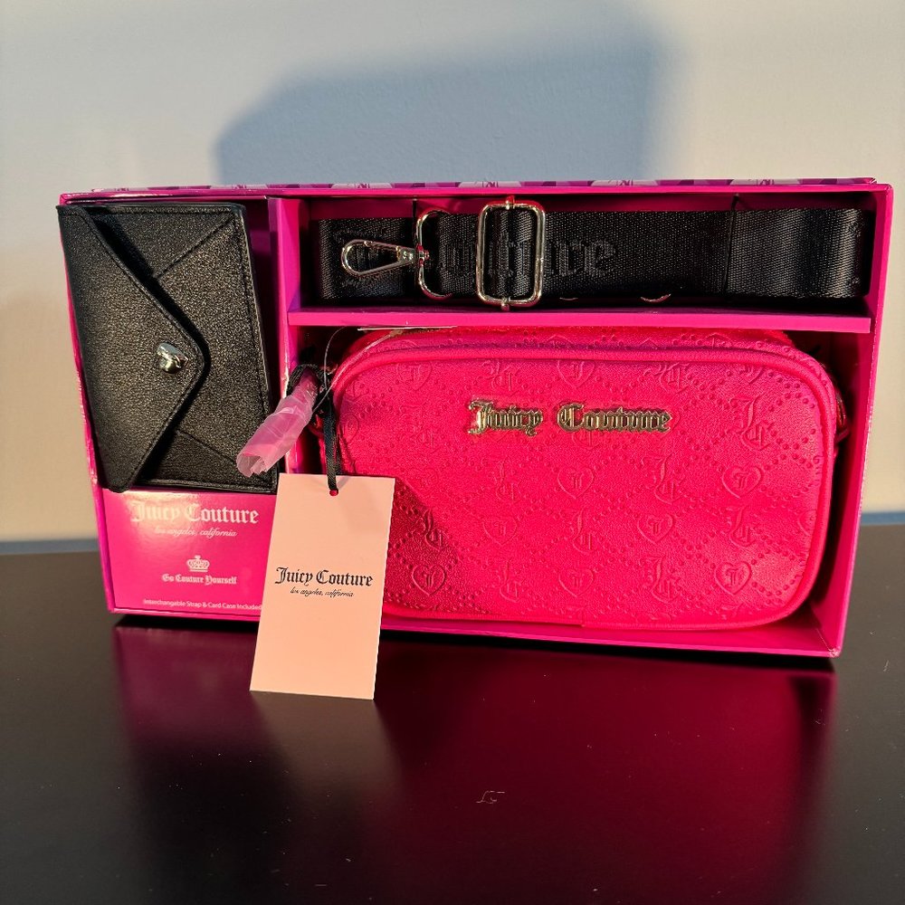 Juicy Couture Pink Slim Camera Bag & Black Envelope CC & Strap Box Set - NWT